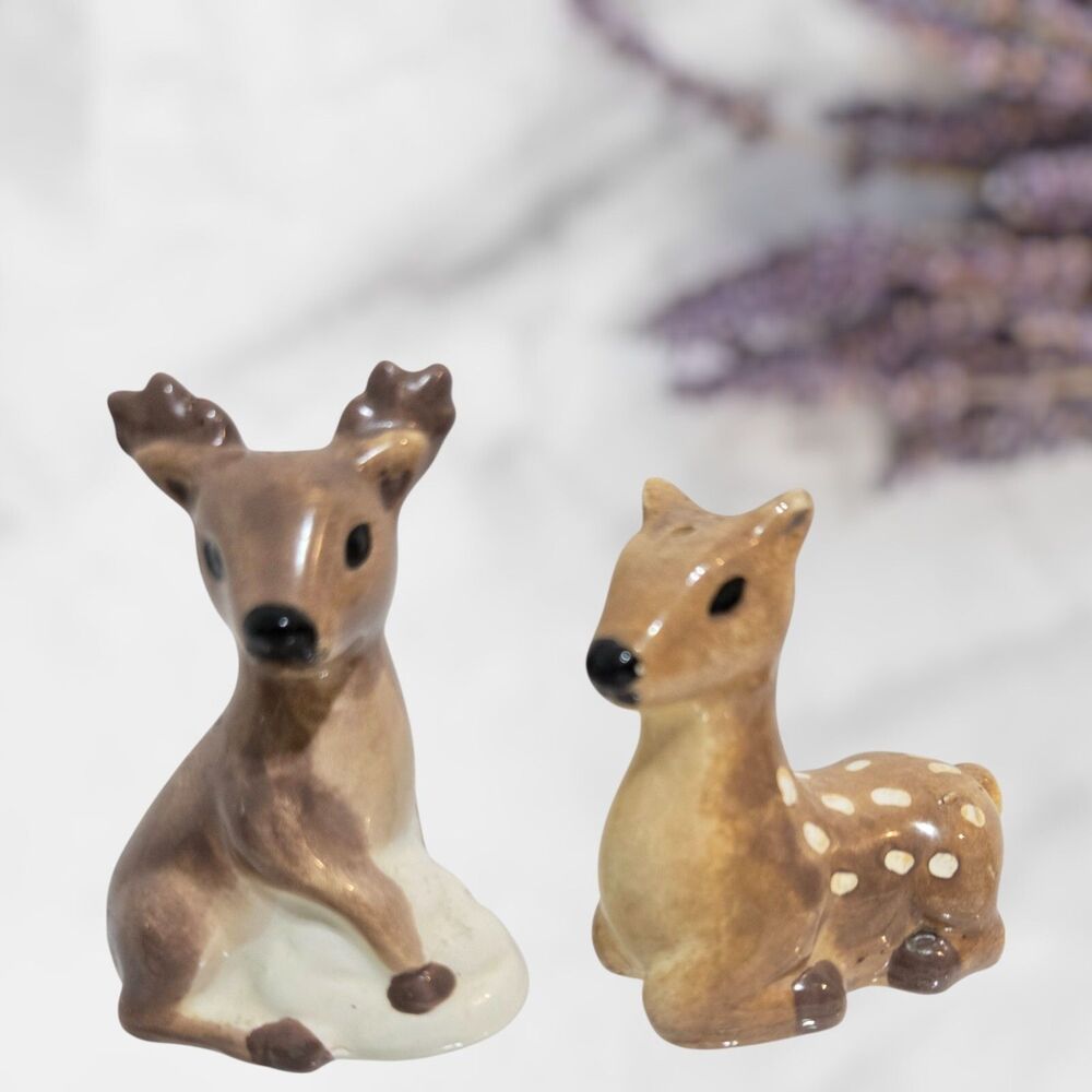 Vintageโ Deer Salt and Pepper Shakers Doe Buck Fawn ceramic MCM 3" 50s 60s